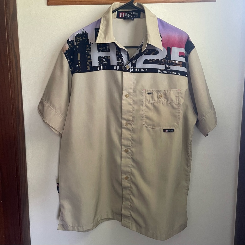 H125 Denim Brand Cream and Purple sz M  MendCasual Button Down Shirt resort
